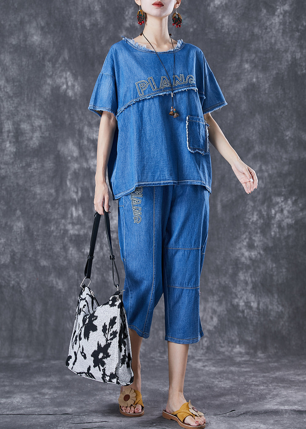 Boho Blue Letter Embroideried Patchwork Denim Two Pieces Set Summer LY6696 - fabuloryshop