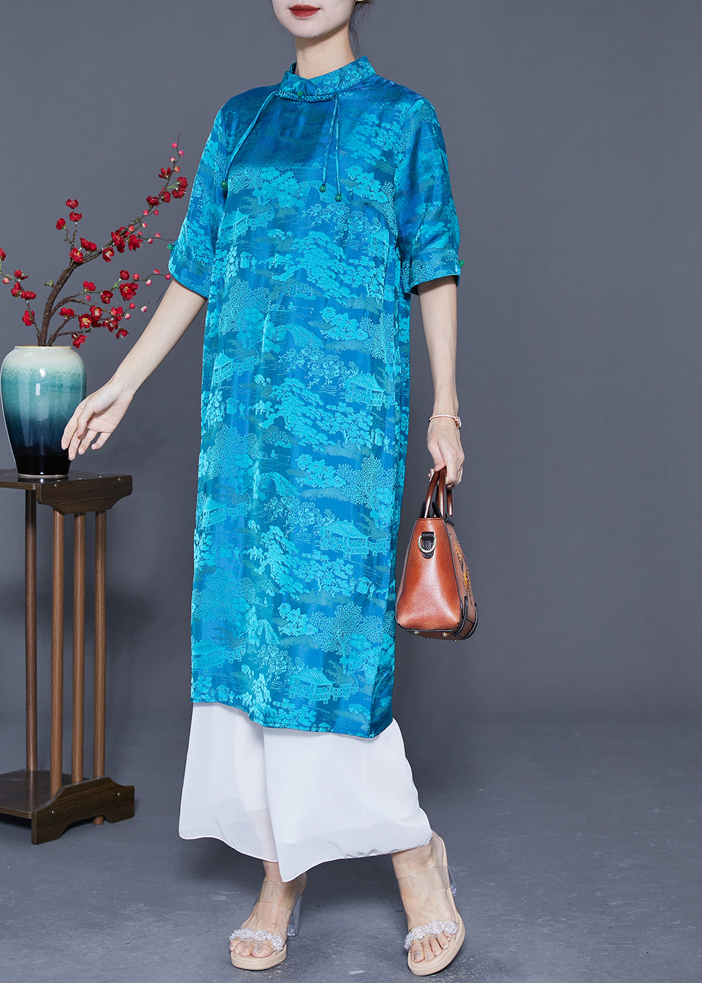 Boho Blue Mandarin Collar Print Tassel Silk Robe Dresses Summer LY5406 - fabuloryshop