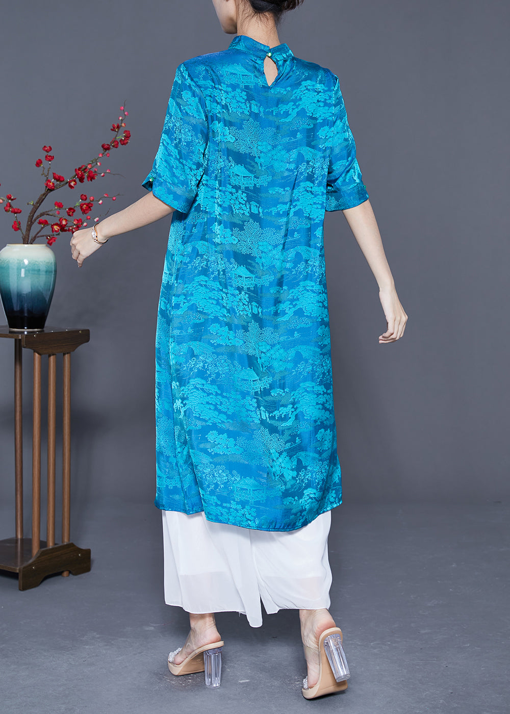 Boho Blue Mandarin Collar Print Tassel Silk Robe Dresses Summer LY5406 - fabuloryshop