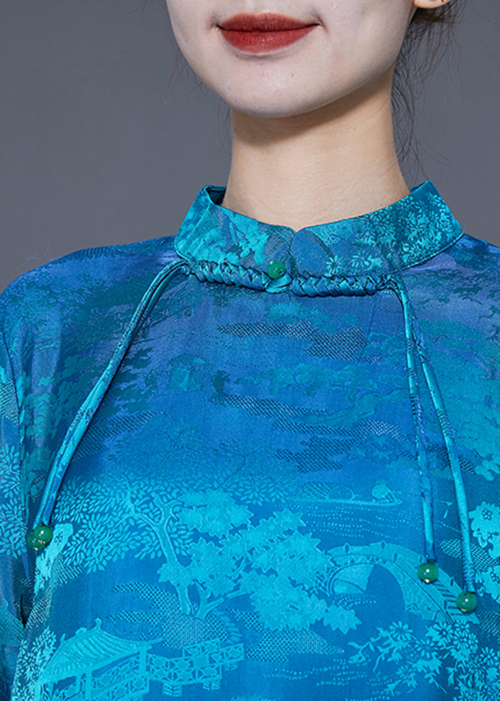 Boho Blue Mandarin Collar Print Tassel Silk Robe Dresses Summer LY5406 - fabuloryshop