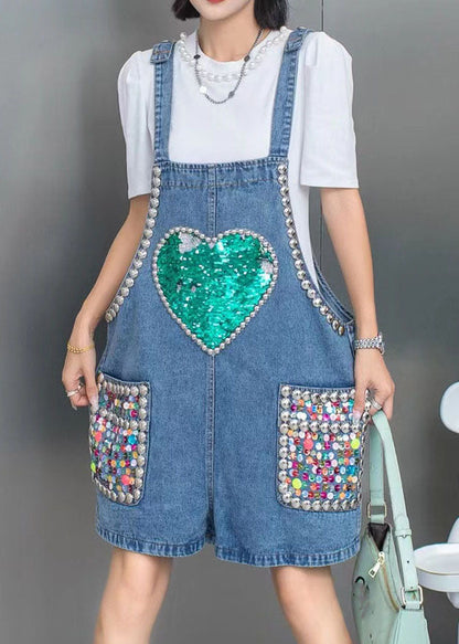 Boho Blue Nail Bead Sequins Patchwork Denim Jumpsuit Shorts Summer LY5227 - fabuloryshop