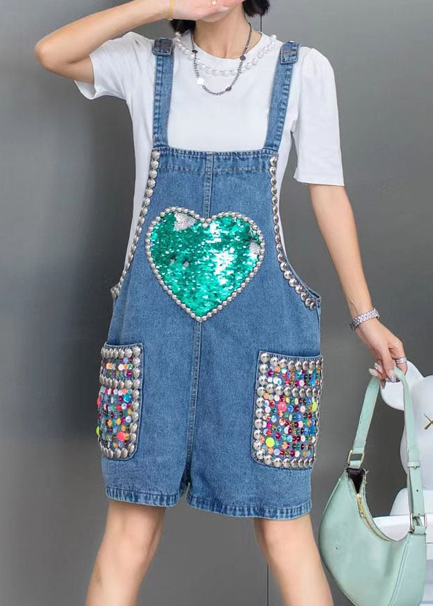 Boho Blue Nail Bead Sequins Patchwork Denim Jumpsuit Shorts Summer LY5227 - fabuloryshop