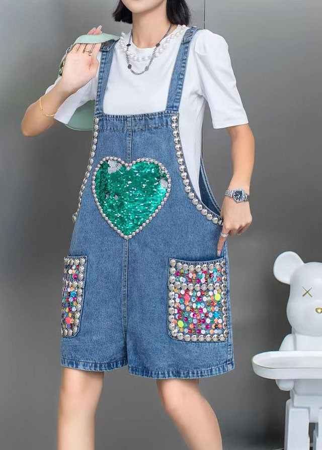 Boho Blue Nail Bead Sequins Patchwork Denim Jumpsuit Shorts Summer LY5227 - fabuloryshop