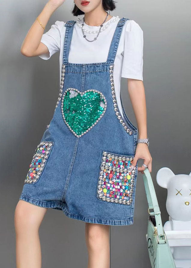 Boho Blue Nail Bead Sequins Patchwork Denim Jumpsuit Shorts Summer LY5227 - fabuloryshop