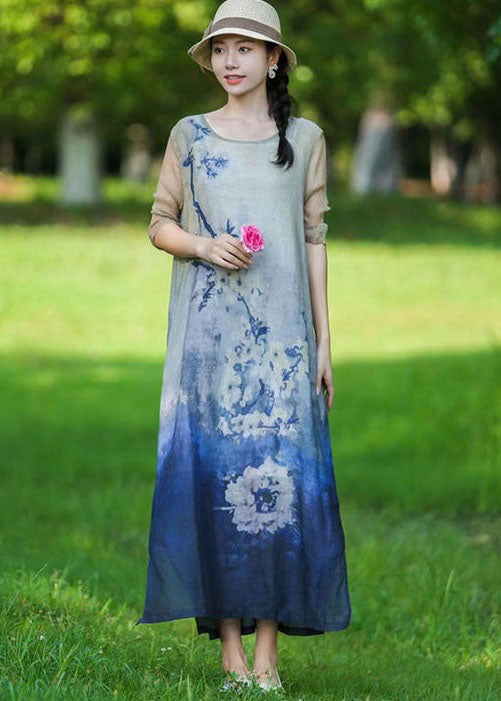 Boho Blue O Neck Print Patchwork Linen Long Dress Summer LY2557 - fabuloryshop