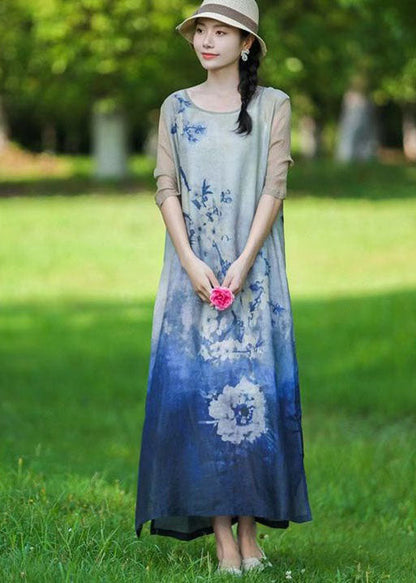 Boho Blue O Neck Print Patchwork Linen Long Dress Summer LY2557 - fabuloryshop