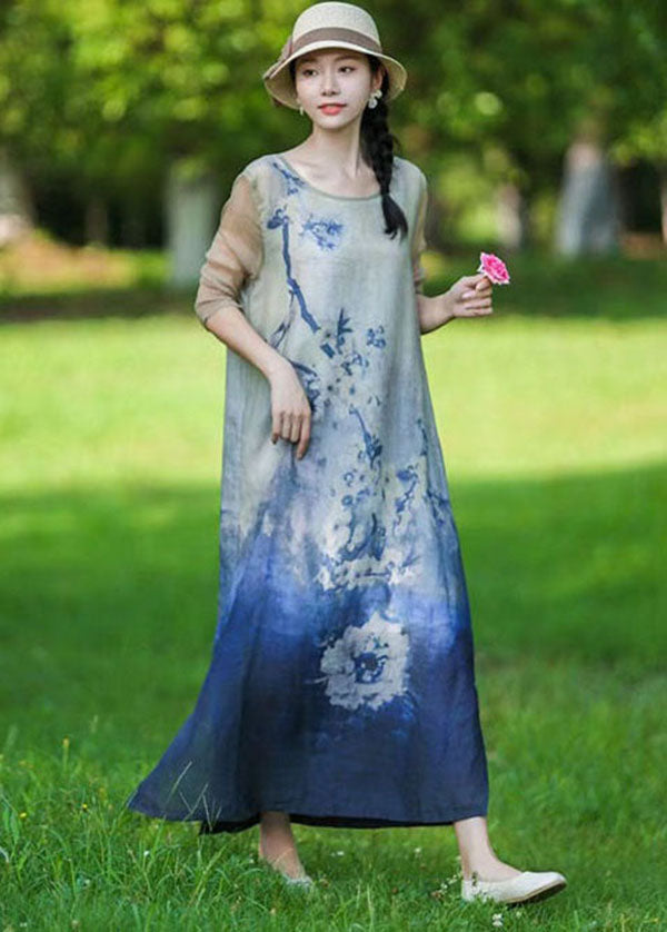 Boho Blue O Neck Print Patchwork Linen Long Dress Summer LY2557 - fabuloryshop