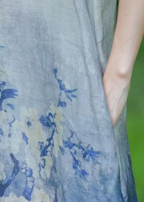 Boho Blue O Neck Print Patchwork Linen Long Dress Summer LY2557 - fabuloryshop