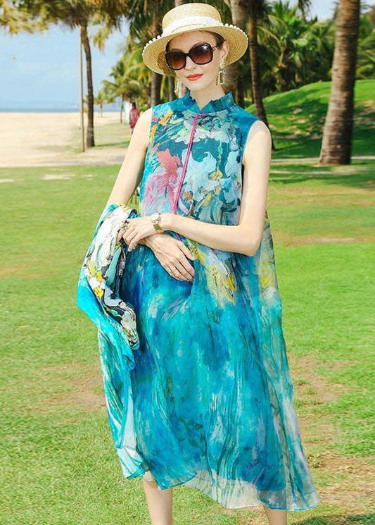 Boho Blue O-Neck Tasseled Print Silk Two Piece Set Outfits Summer LC0238 - fabuloryshop