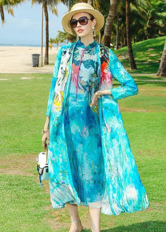 Boho Blue O-Neck Tasseled Print Silk Two Piece Set Outfits Summer LC0238 - fabuloryshop