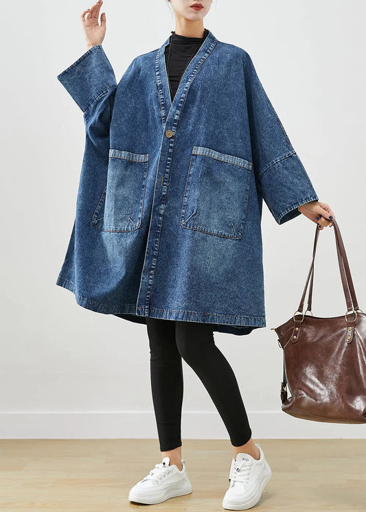 Boho Blue Oversized Pockets Denim Trench Coats Batwing Sleeve Ada Fashion