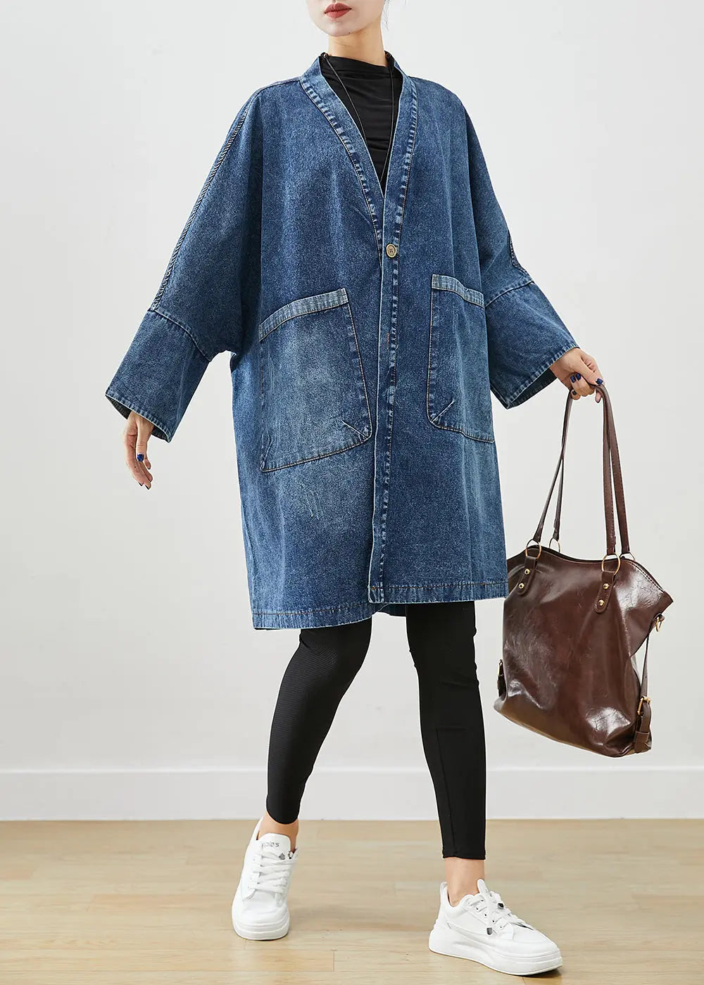 Boho Blue Oversized Pockets Denim Trench Coats Batwing Sleeve Ada Fashion