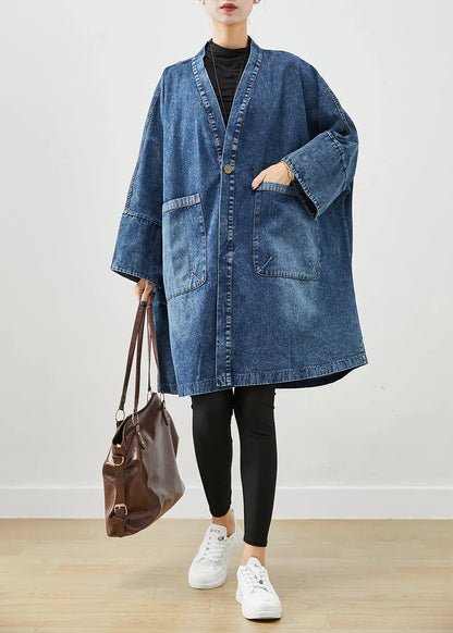 Boho Blue Oversized Pockets Denim Trench Coats Batwing Sleeve Ada Fashion