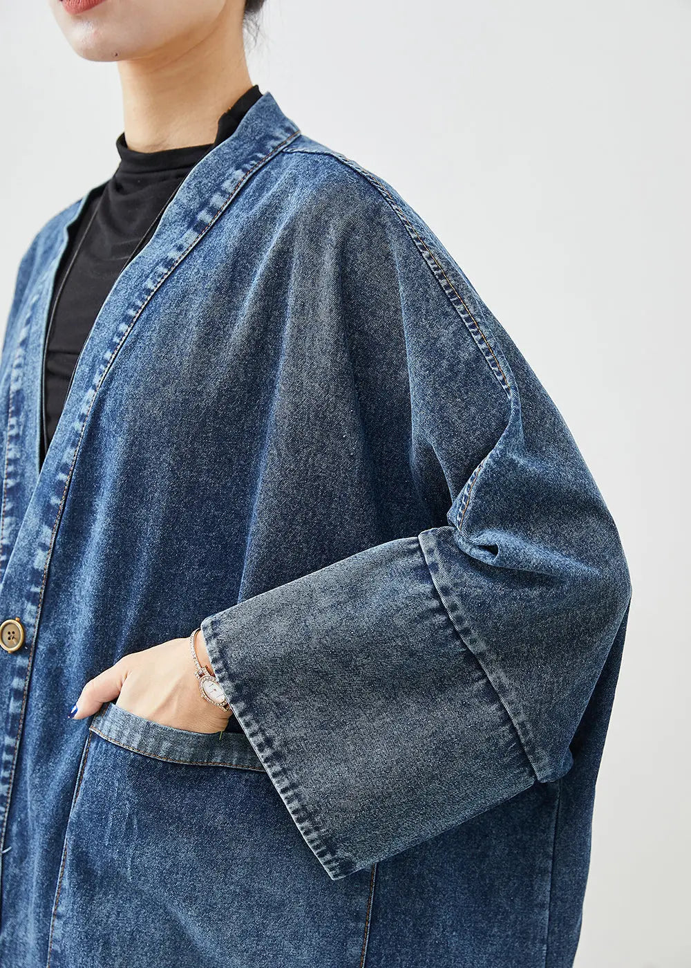 Boho Blue Oversized Pockets Denim Trench Coats Batwing Sleeve Ada Fashion