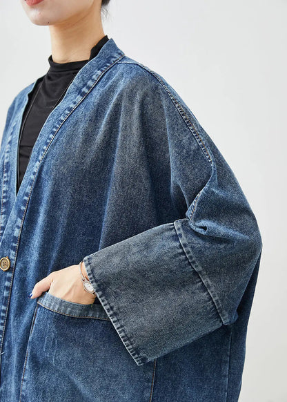 Boho Blue Oversized Pockets Denim Trench Coats Batwing Sleeve Ada Fashion