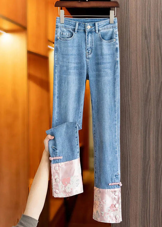 Boho Blue Patchwork Pink High Waist Straight Jeans TY1061 - fabuloryshop
