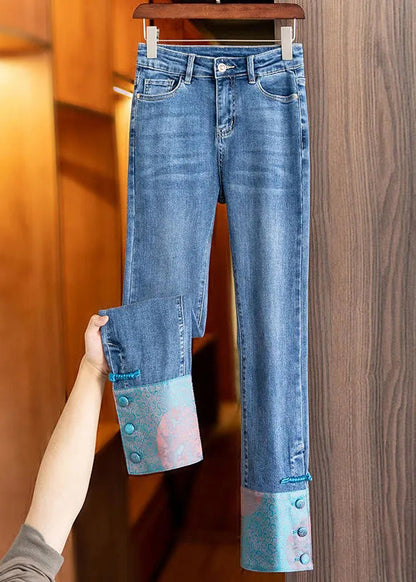 Boho Blue Patchwork Pink High Waist Straight Jeans TY1061 - fabuloryshop