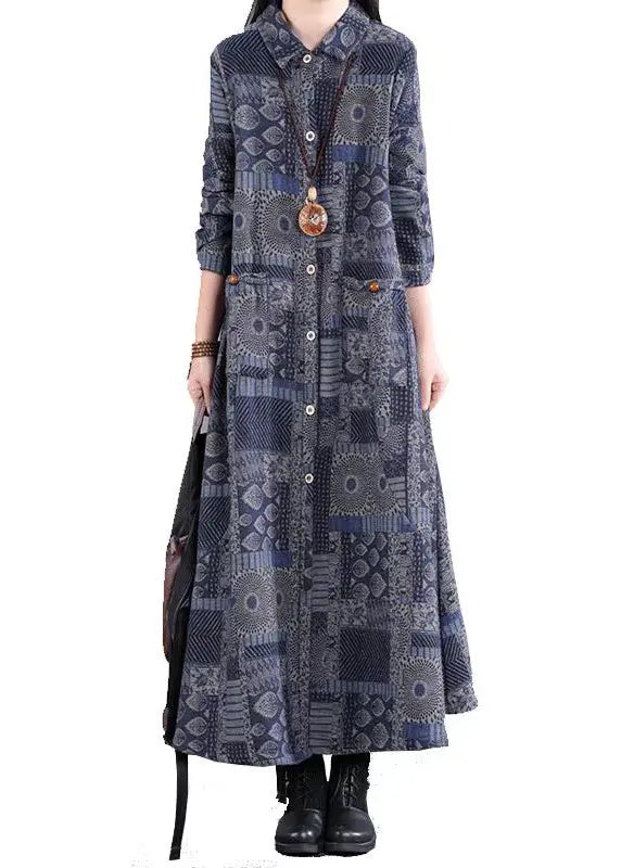 Boho Blue Peter Pan Collar Print Patchwork Warm Fleece Dress Fall Ada Fashion