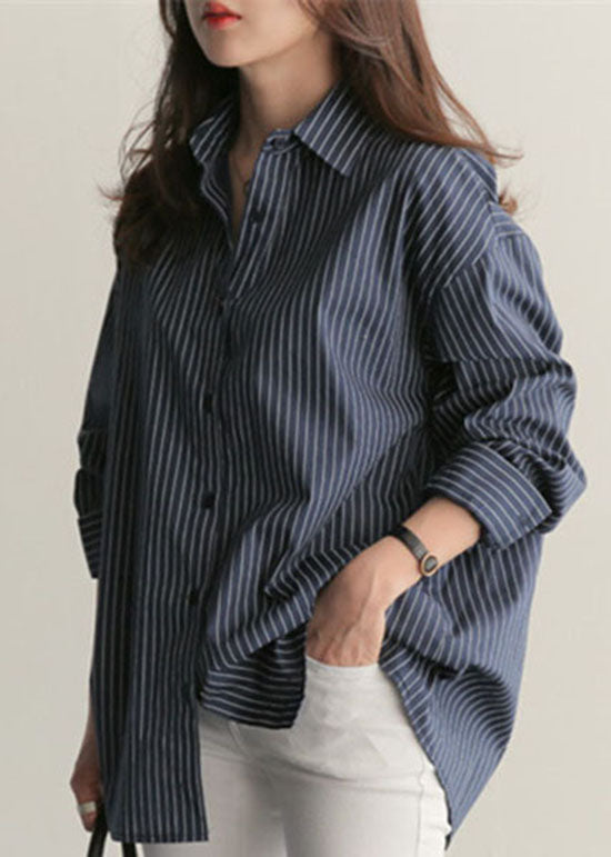 Boho Blue Peter Pan Collar Striped Cotton Shirts Top Spring LY1977 - fabuloryshop