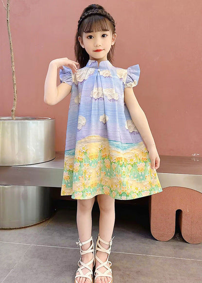 Boho Blue Print Button Girls Mid Dress Short Sleeve LY5436 - fabuloryshop