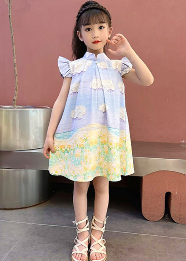 Boho Blue Print Button Girls Mid Dress Short Sleeve LY5436 - fabuloryshop