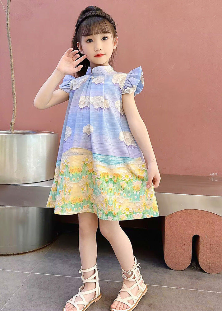 Boho Blue Print Button Girls Mid Dress Short Sleeve LY5436 - fabuloryshop