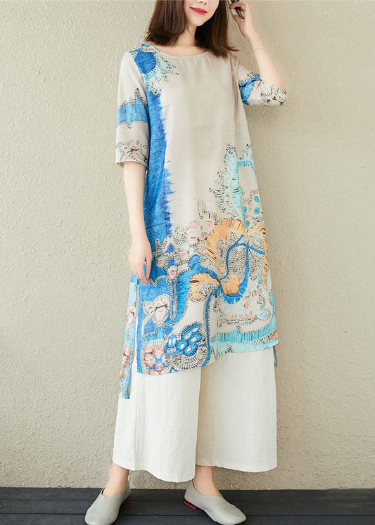 Boho Blue Print O-Neck Side Open Linen Two Piece Set Women Clothing Summer LY1513 - fabuloryshop
