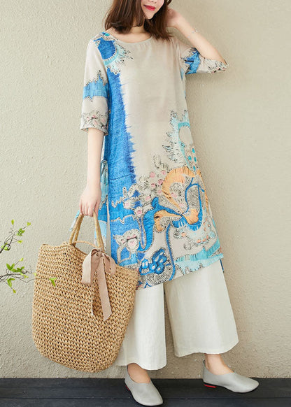 Boho Blue Print O-Neck Side Open Linen Two Piece Set Women Clothing Summer LY1513 - fabuloryshop