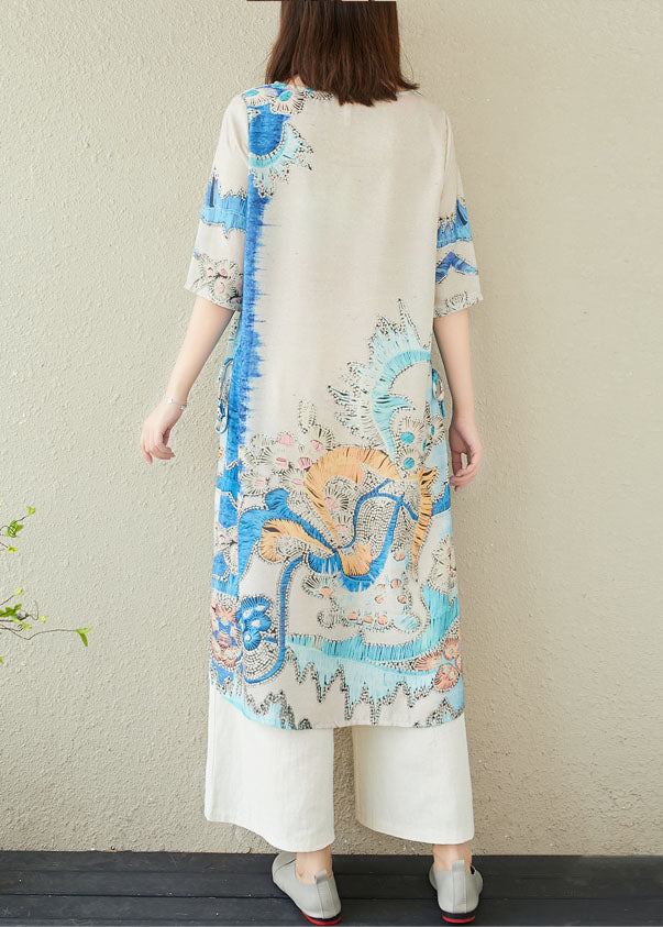 Boho Blue Print O-Neck Side Open Linen Two Piece Set Women Clothing Summer LY1513 - fabuloryshop