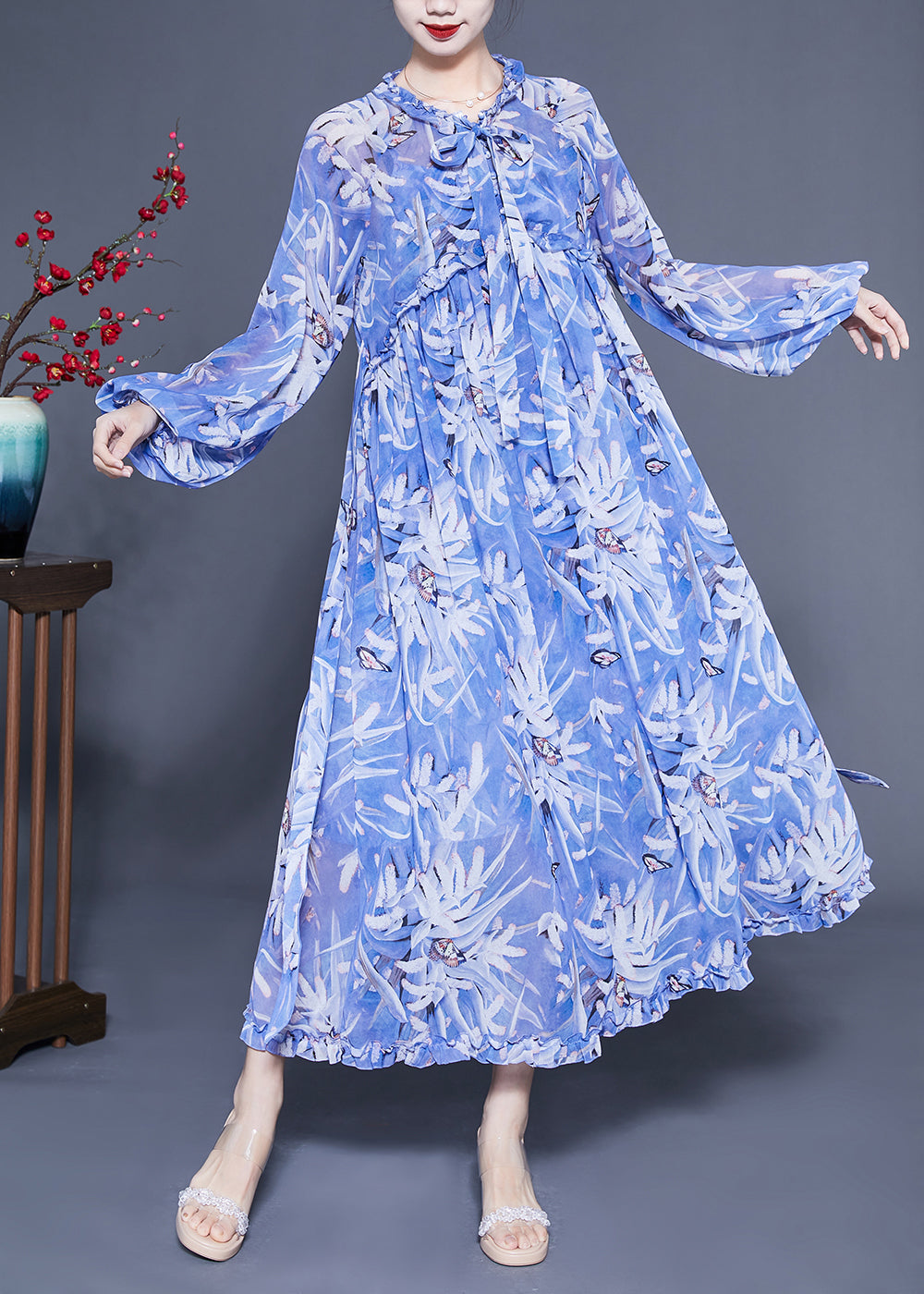 Boho Blue Ruffled Print Exra Large Hem Silk Beach Dresses Lantern Sleeve LC0432 - fabuloryshop