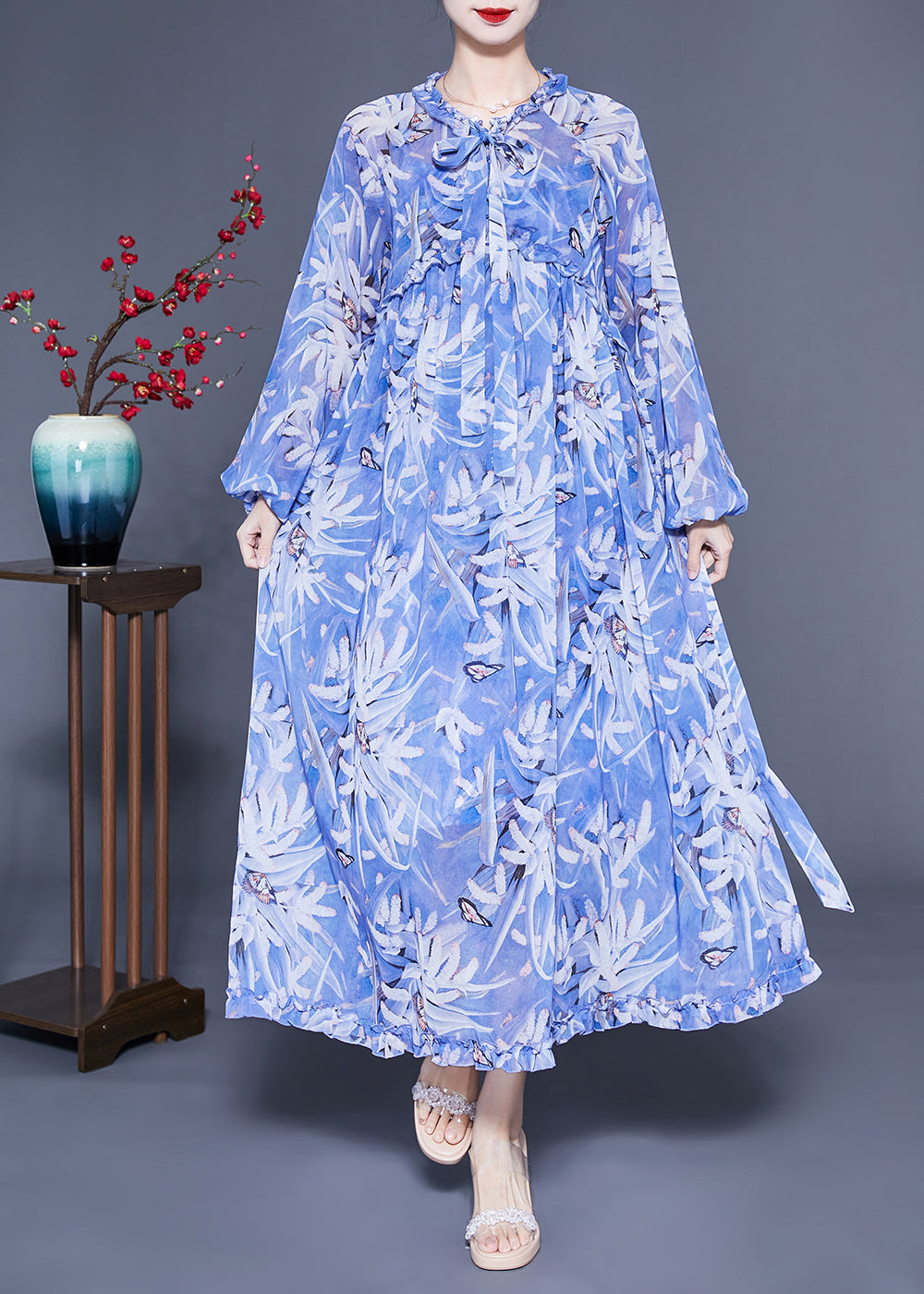 Boho Blue Ruffled Print Exra Large Hem Silk Beach Dresses Lantern Sleeve LY1088 - fabuloryshop