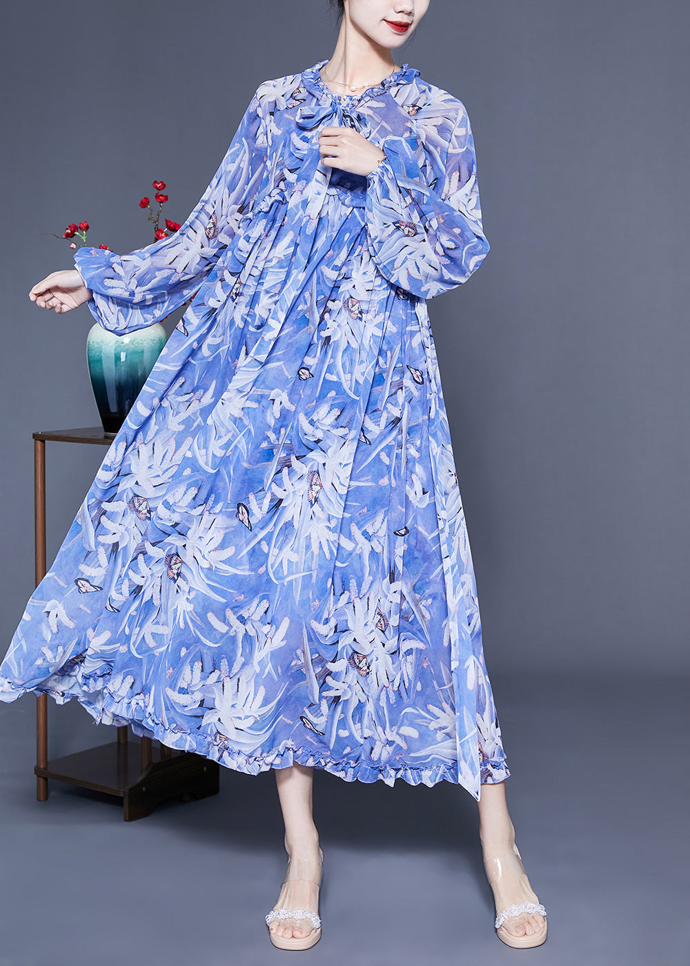 Boho Blue Ruffled Print Exra Large Hem Silk Beach Dresses Lantern Sleeve LC0432 - fabuloryshop
