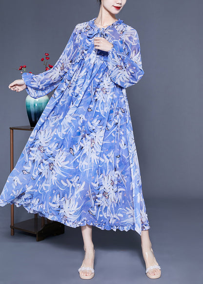 Boho Blue Ruffled Print Exra Large Hem Silk Beach Dresses Lantern Sleeve LC0432 - fabuloryshop