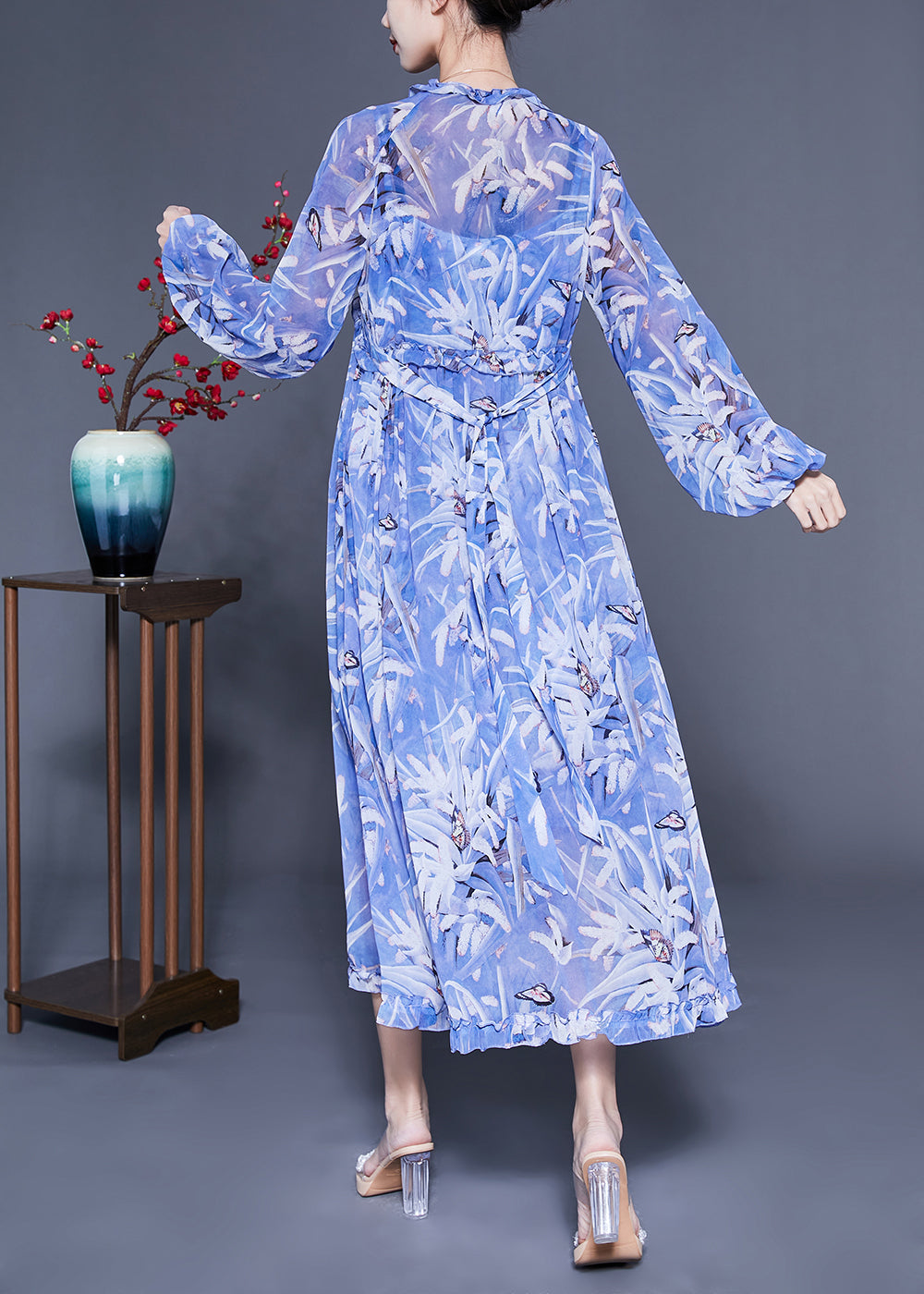 Boho Blue Ruffled Print Exra Large Hem Silk Beach Dresses Lantern Sleeve LY1088 - fabuloryshop