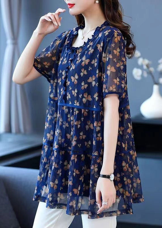 Boho Blue Ruffled Print Patchwork Linen Blouse Tops Summer TP1020 - fabuloryshop