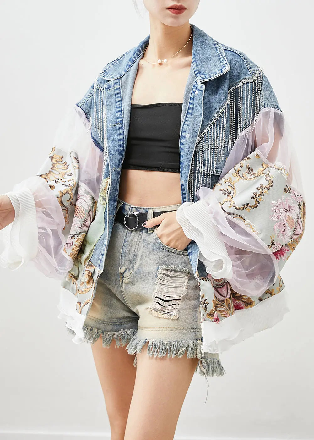 Boho Blue Tasseled Patchwork Tulle Denim Coat Lantern Sleeve Ada Fashion