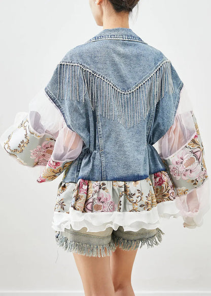 Boho Blue Tasseled Patchwork Tulle Denim Coat Lantern Sleeve Ada Fashion