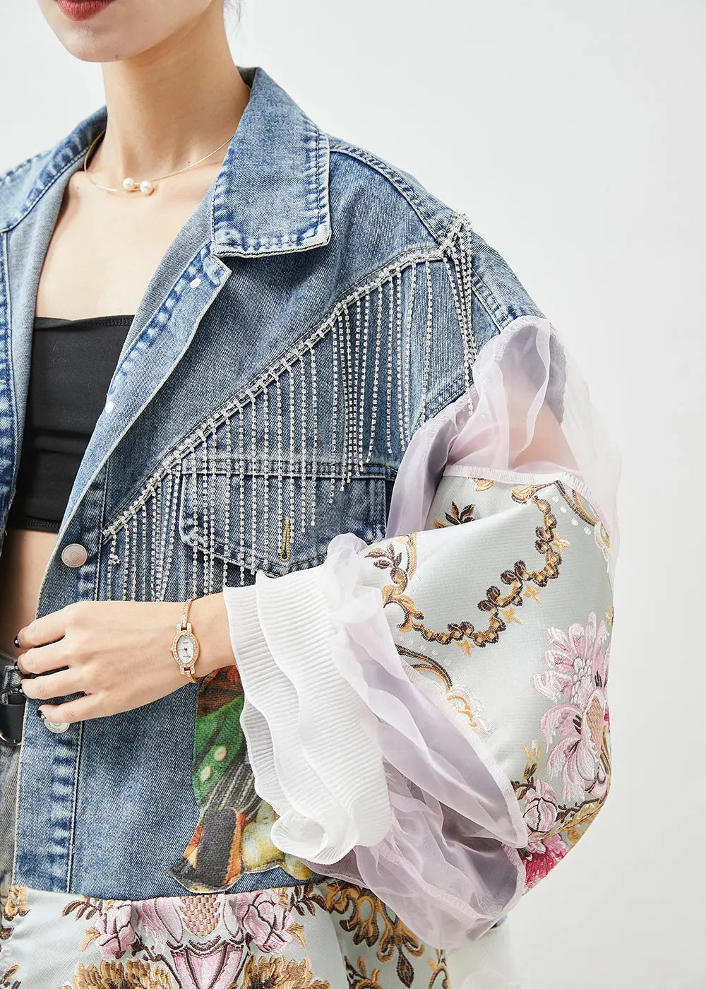 Boho Blue Tasseled Patchwork Tulle Denim Coat Lantern Sleeve Ada Fashion