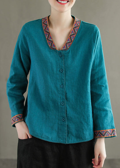 Boho Blue V Neck Embroideried Patchwork Linen Shirts Top Spring LY6263 - fabuloryshop