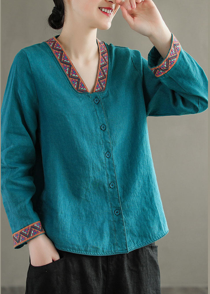 Boho Blue V Neck Embroideried Patchwork Linen Shirts Top Spring LY6263 - fabuloryshop