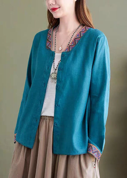 Boho Blue V Neck Embroideried Patchwork Linen Shirts Top Spring LY6263 - fabuloryshop