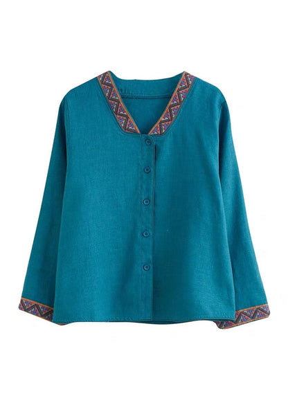 Boho Blue V Neck Embroideried Patchwork Linen Shirts Top Spring LY6263 - fabuloryshop