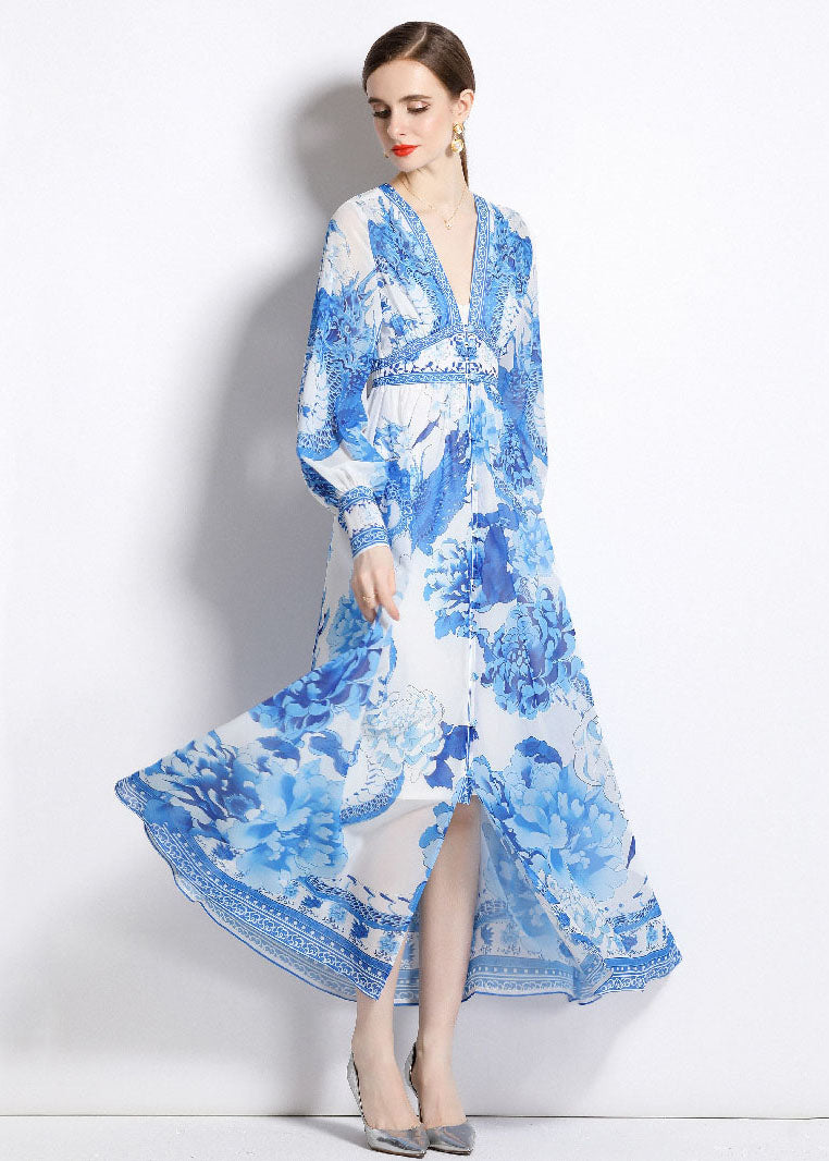 Boho Blue V Neck Print Patchwork Chiffon Vacation Dresses Long Sleeve LY7405 - fabuloryshop