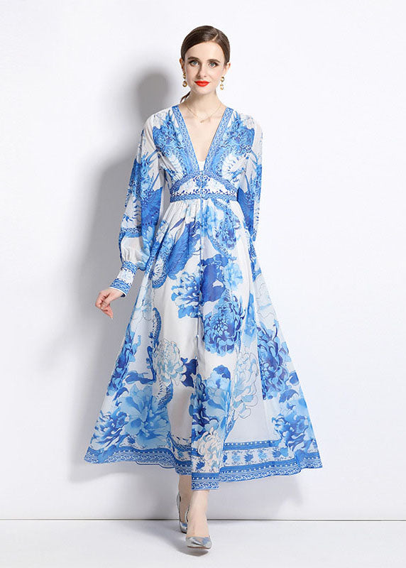 Boho Blue V Neck Print Patchwork Chiffon Vacation Dresses Long Sleeve LY7405 - fabuloryshop