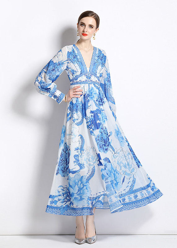 Boho Blue V Neck Print Patchwork Chiffon Vacation Dresses Long Sleeve LY7405 - fabuloryshop