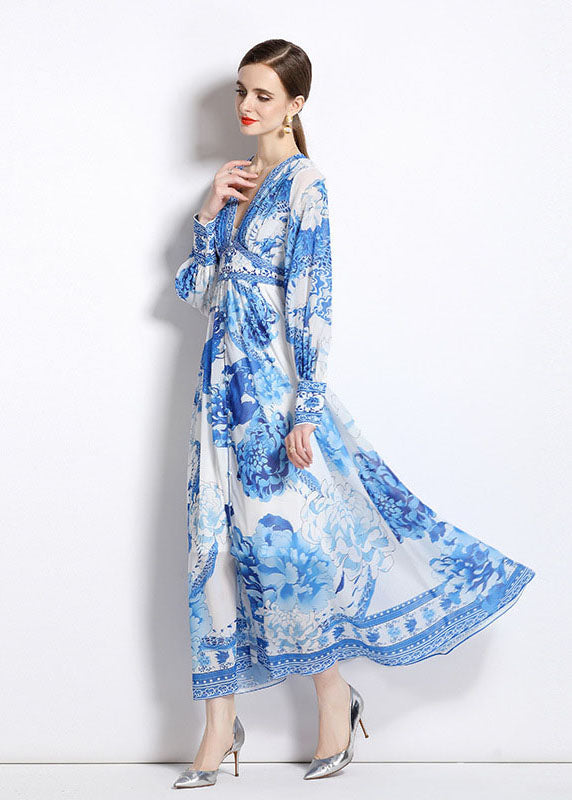 Boho Blue V Neck Print Patchwork Chiffon Vacation Dresses Long Sleeve LY7405 - fabuloryshop