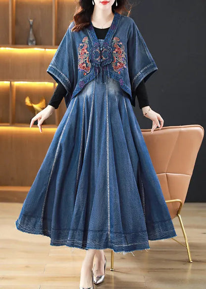 Boho Blue Wrinkled Embroideried Patchwork Denim Three Pieces Set Fall Ada Fashion