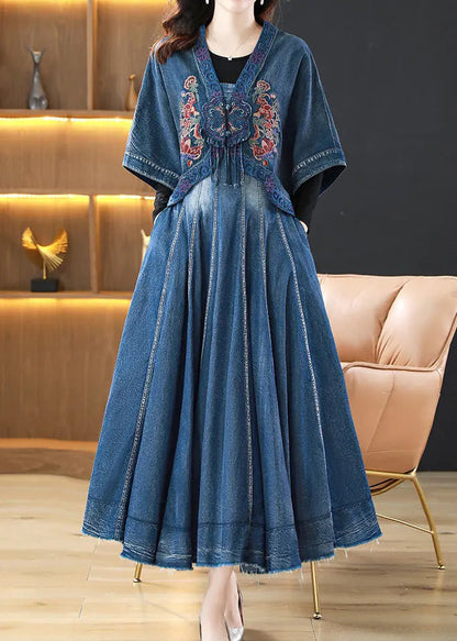 Boho Blue Wrinkled Embroideried Patchwork Denim Three Pieces Set Fall Ada Fashion