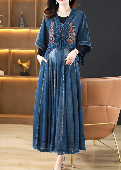 Boho Blue Wrinkled Embroideried Patchwork Denim Three Pieces Set Fall Ada Fashion