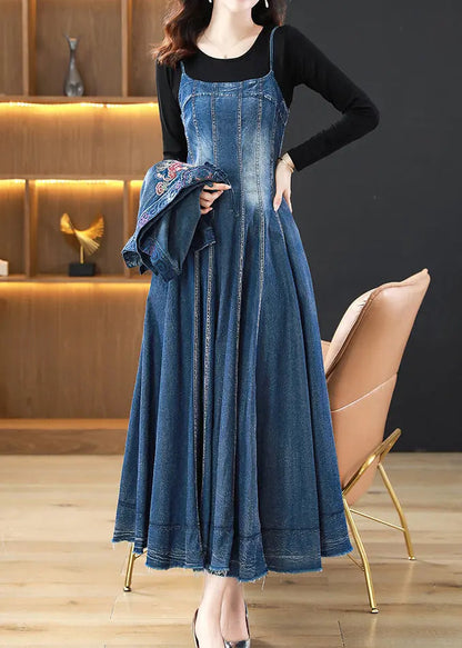 Boho Blue Wrinkled Embroideried Patchwork Denim Three Pieces Set Fall Ada Fashion